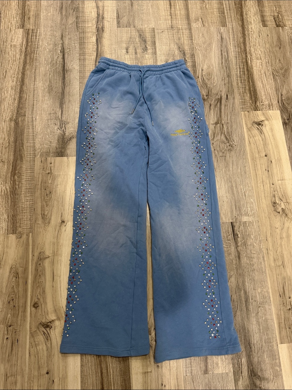 HMDD Happy Memories Don’t Die Blue Sweatpants with Rhinestone Side Accents